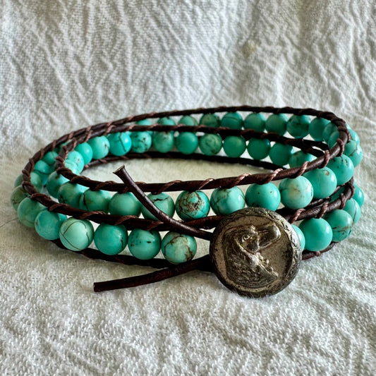 Leather Double Wrap Bracelet with Turquoise & Antique Hound Button