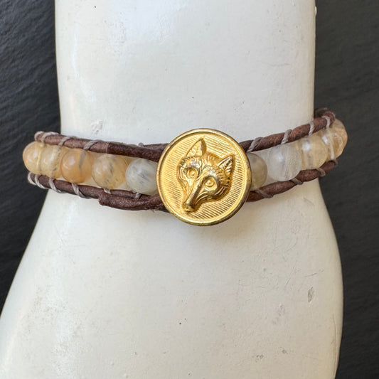 Leather Wrap Bracelet with Brass Fox Mask Button