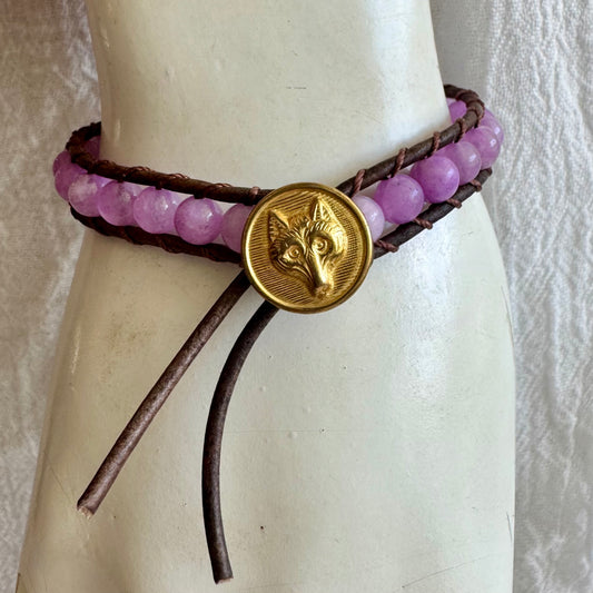 Leather Wrap Bracelet with Lavender Amethyst & Brass Fox Button