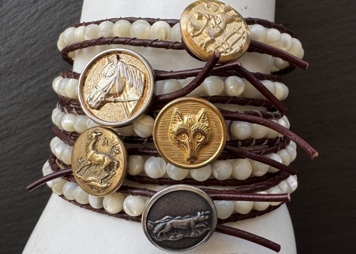 Leather Wrap Bracelet with Mother of Pearl & Brass Deer button