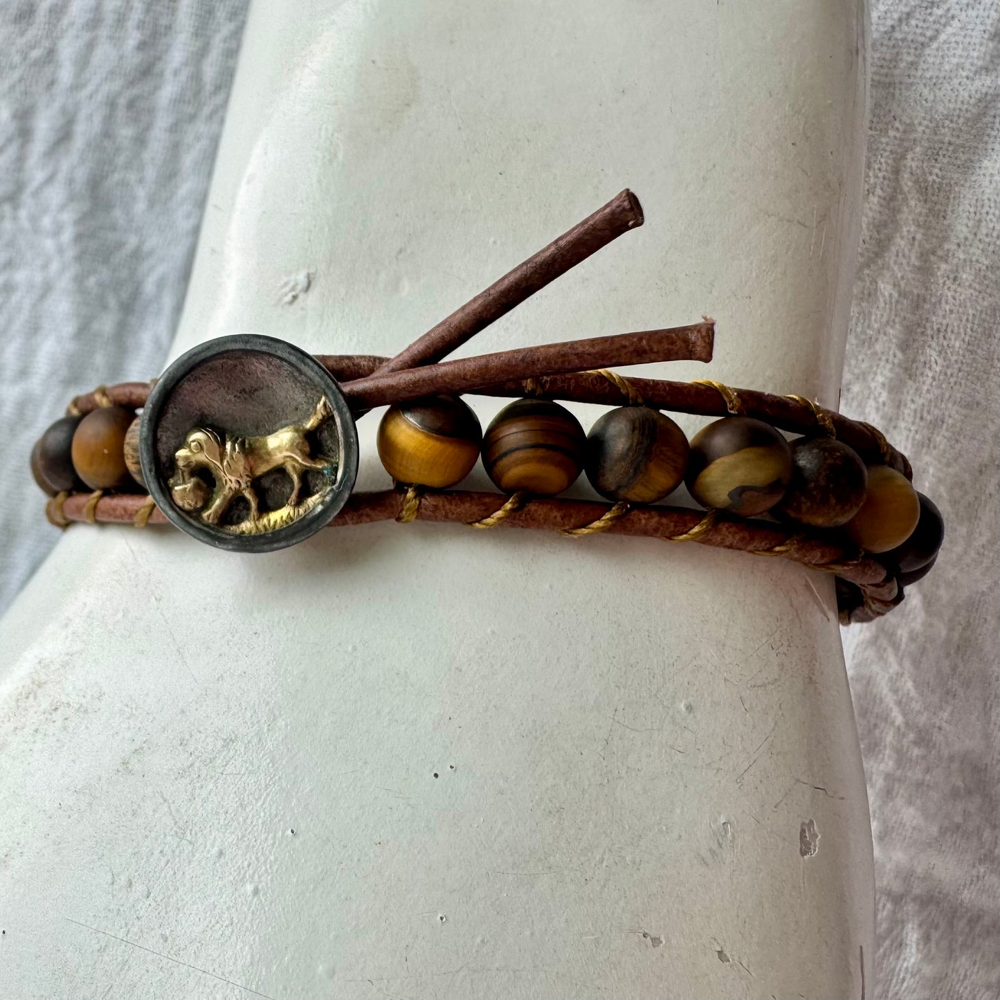 Leather Wrap Bracelet with Matte Tigers Eye & Vintage Silver & Brass Retriever Button