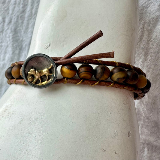 Leather Wrap Bracelet with Matte Tigers Eye & Vintage Silver & Brass Retriever Button