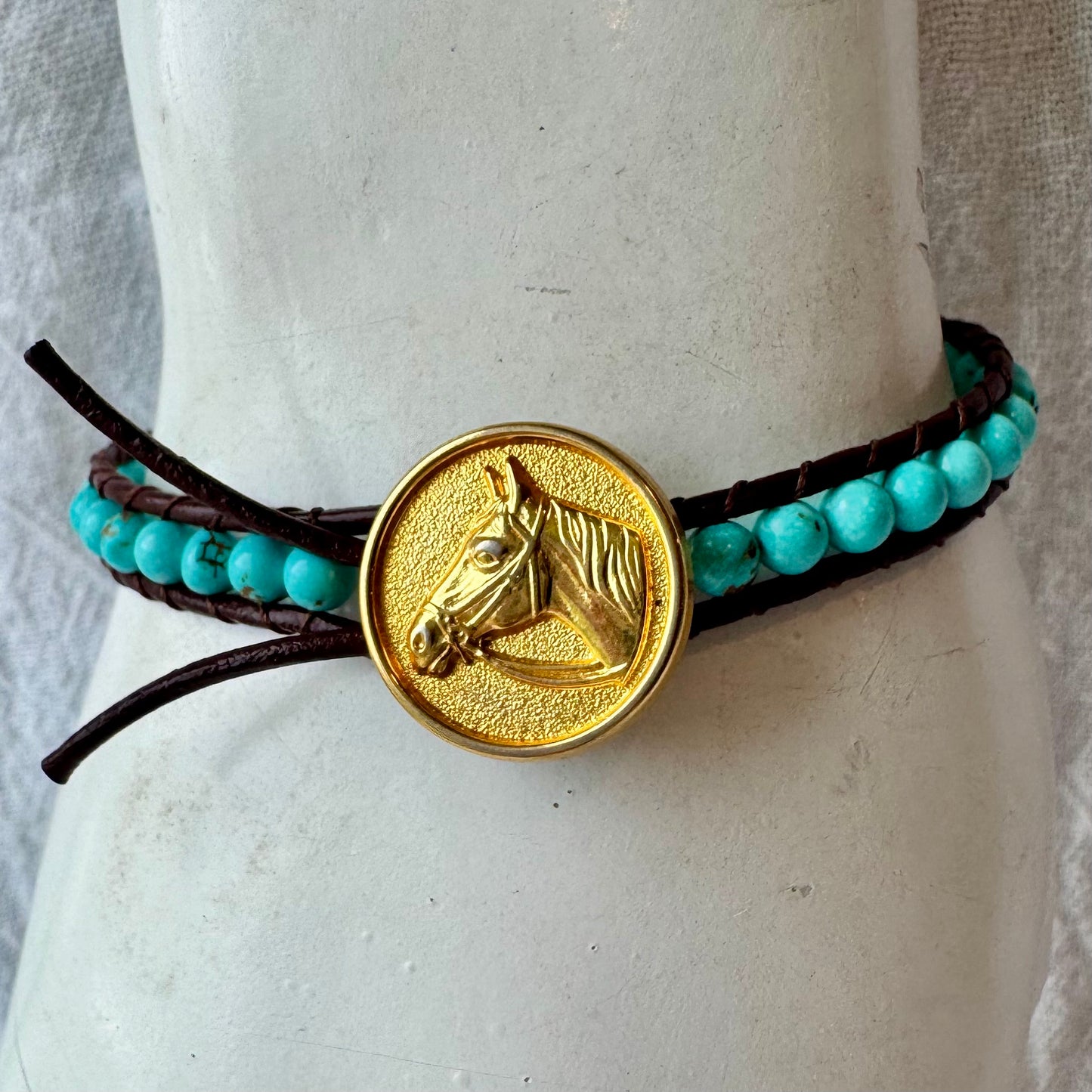 Leather Wrap Bracelet with Turquoise & Vintage Brass Horse Head Button