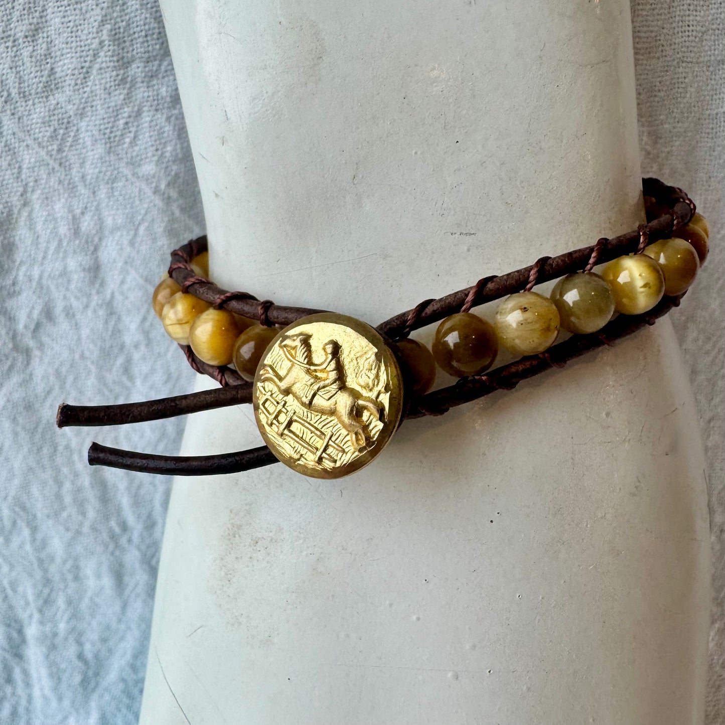 Leather Wrap Bracelet with Golden Tigers Eye & Vintage Brass Jumping Horse Button