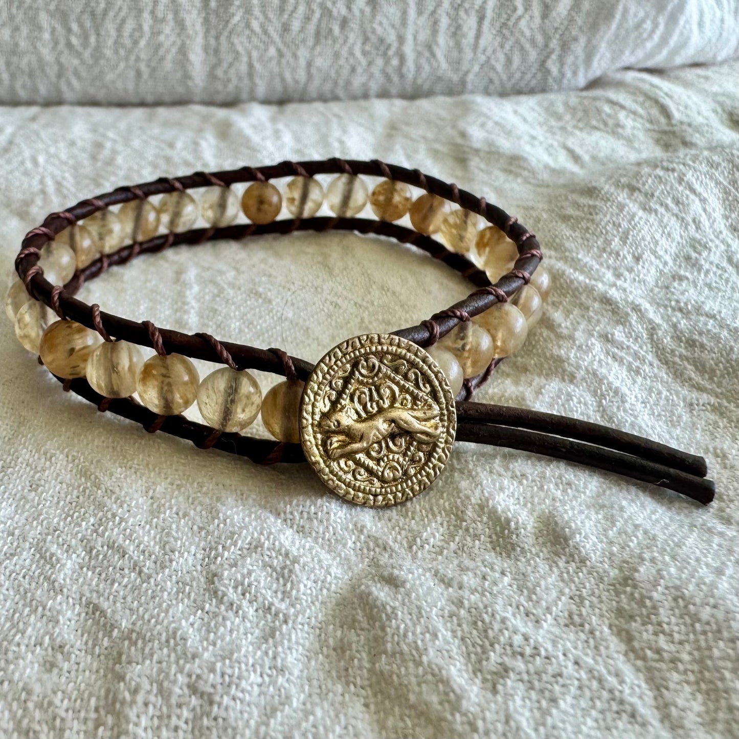 Leather Wrap Bracelet with Golden Quartz & Brass Running Hound
