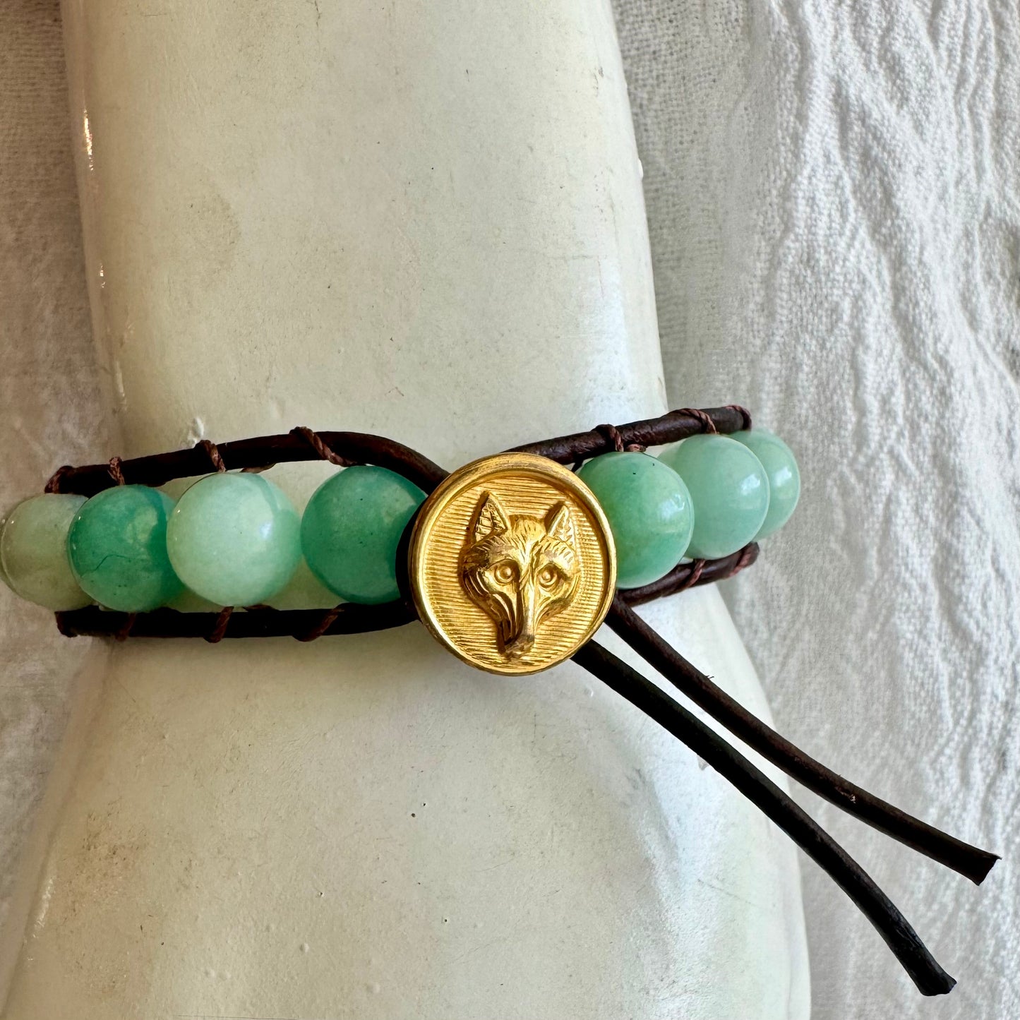 Leather Wrap Bracelet with Amazonite & Brass Fox Button