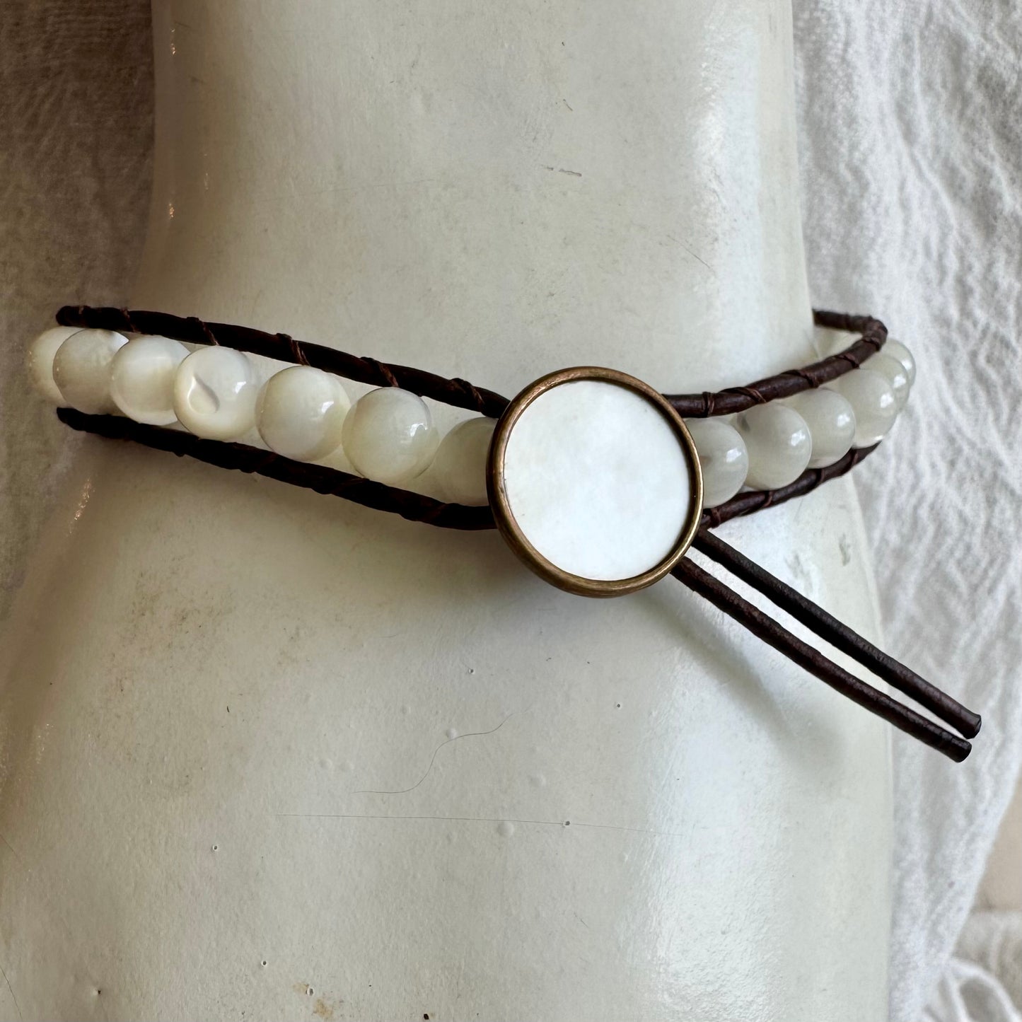 Leather Wrap Bracelet with Mother of Pearl & Pearl Button