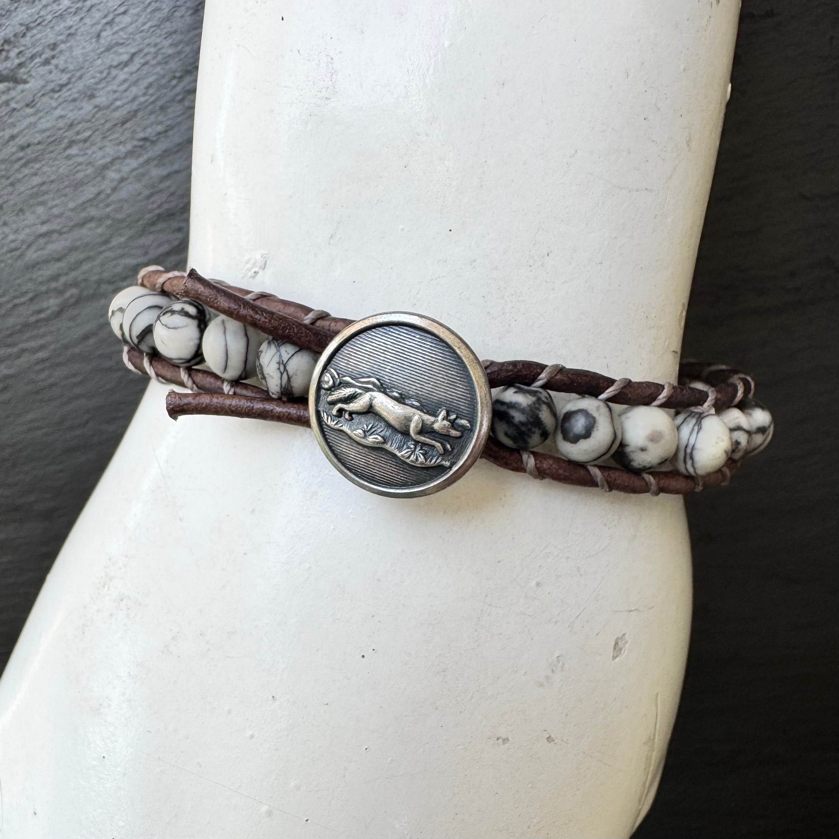 Leather Wrap Bracelet with Picasso Jasper & Silver Jumping Fox Button