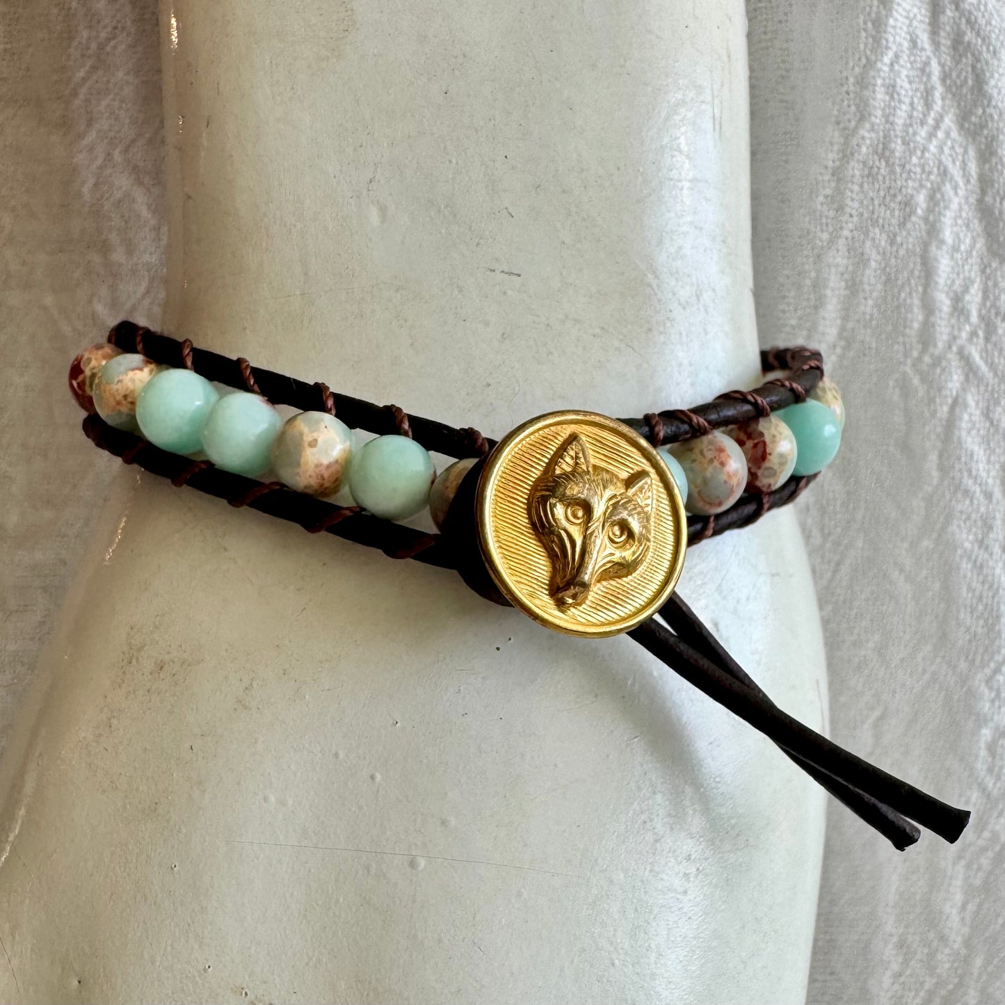 Leather Wrap Bracelet with Ocean Jasper & Brass Fox Button