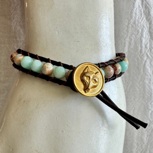 Leather Wrap Bracelet with Ocean Jasper & Brass Fox Button