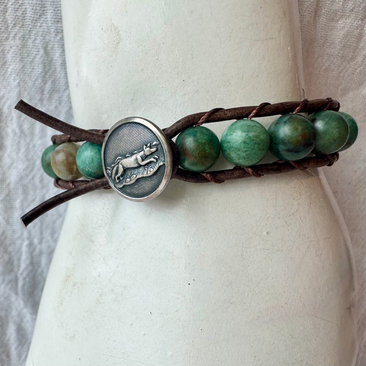 Leather Wrap Bracelet with African Jade & Vintage Silver Fox Button