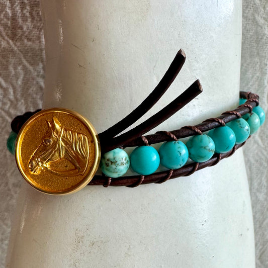 Leather Wrap Bracelet with Turquoise & Brass Horse Head Button