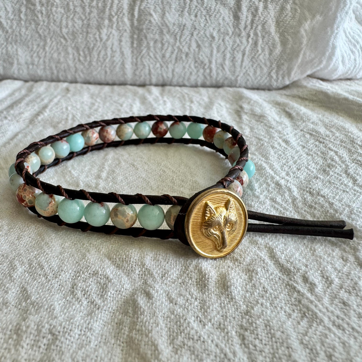Leather Wrap Bracelet with Ocean Jasper & Brass Fox Button