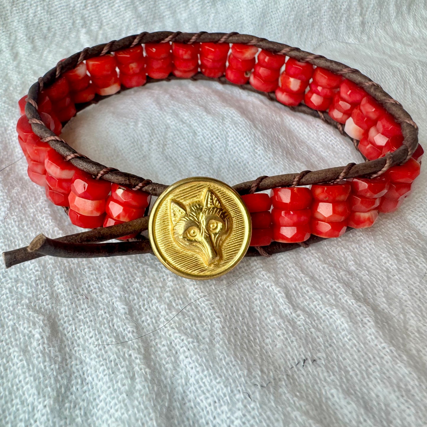 Leather Wrap Bracelet with Red Bamboo Coral & Vintage Brass Fox Head Button