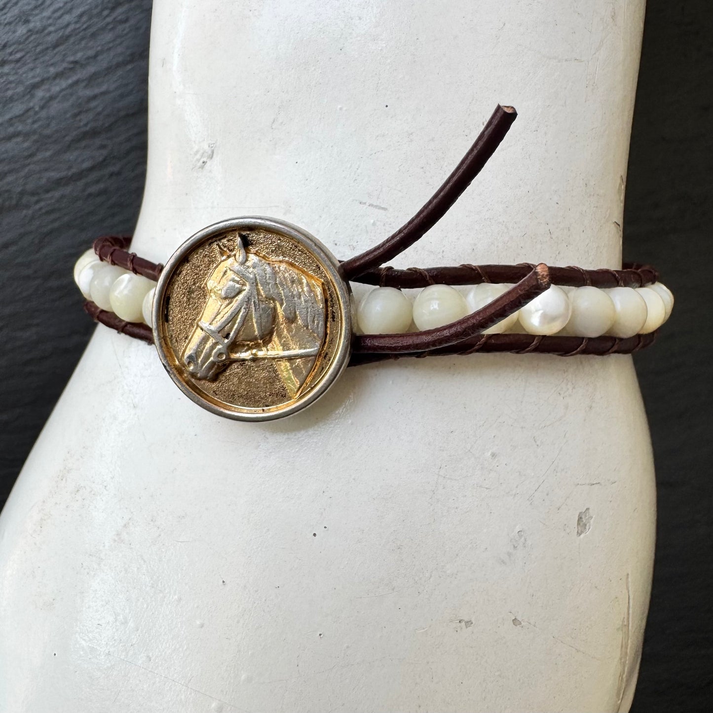 Leather Wrap Bracelet with Mother of Pearl & Brass Horse Head Button