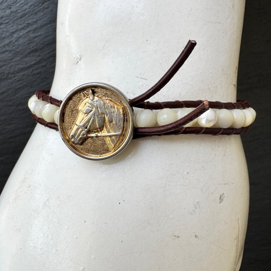 Leather Wrap Bracelet with Mother of Pearl & Brass Horse Head Button