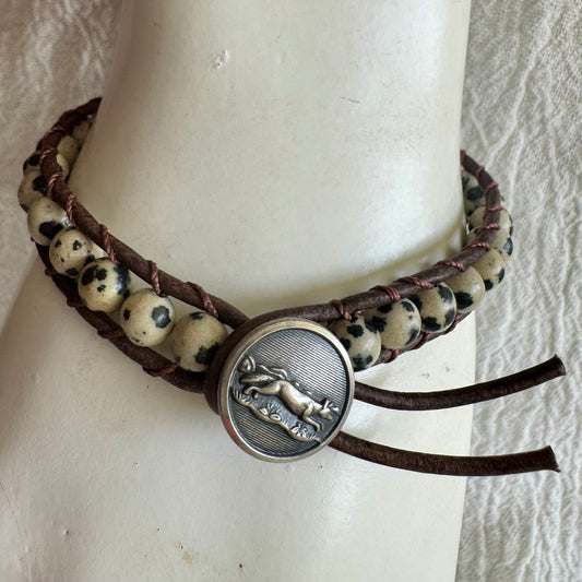 Leather Wrap Bracelet with Dalmatian Jasper & Silver Running Fox Button