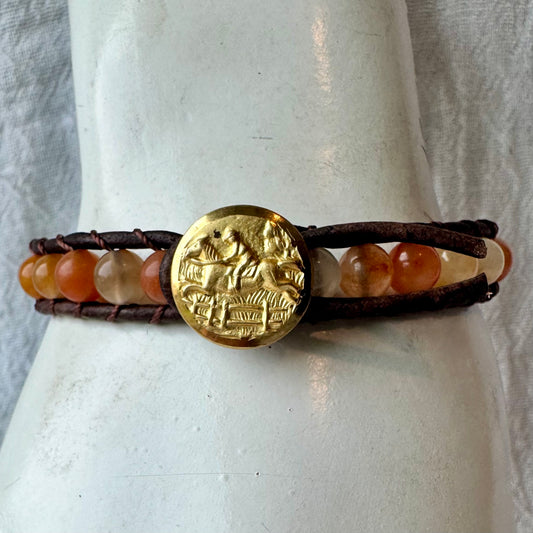 Leather Wrap Bracelet with Golden Jade & Vintage Brass Jumping Horse Button