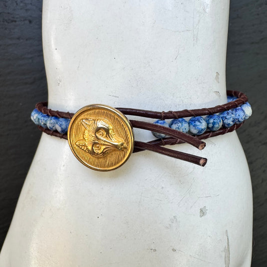 Leather Wrap Bracelet with Blue Spot Jasper & Brass Fox Mask button