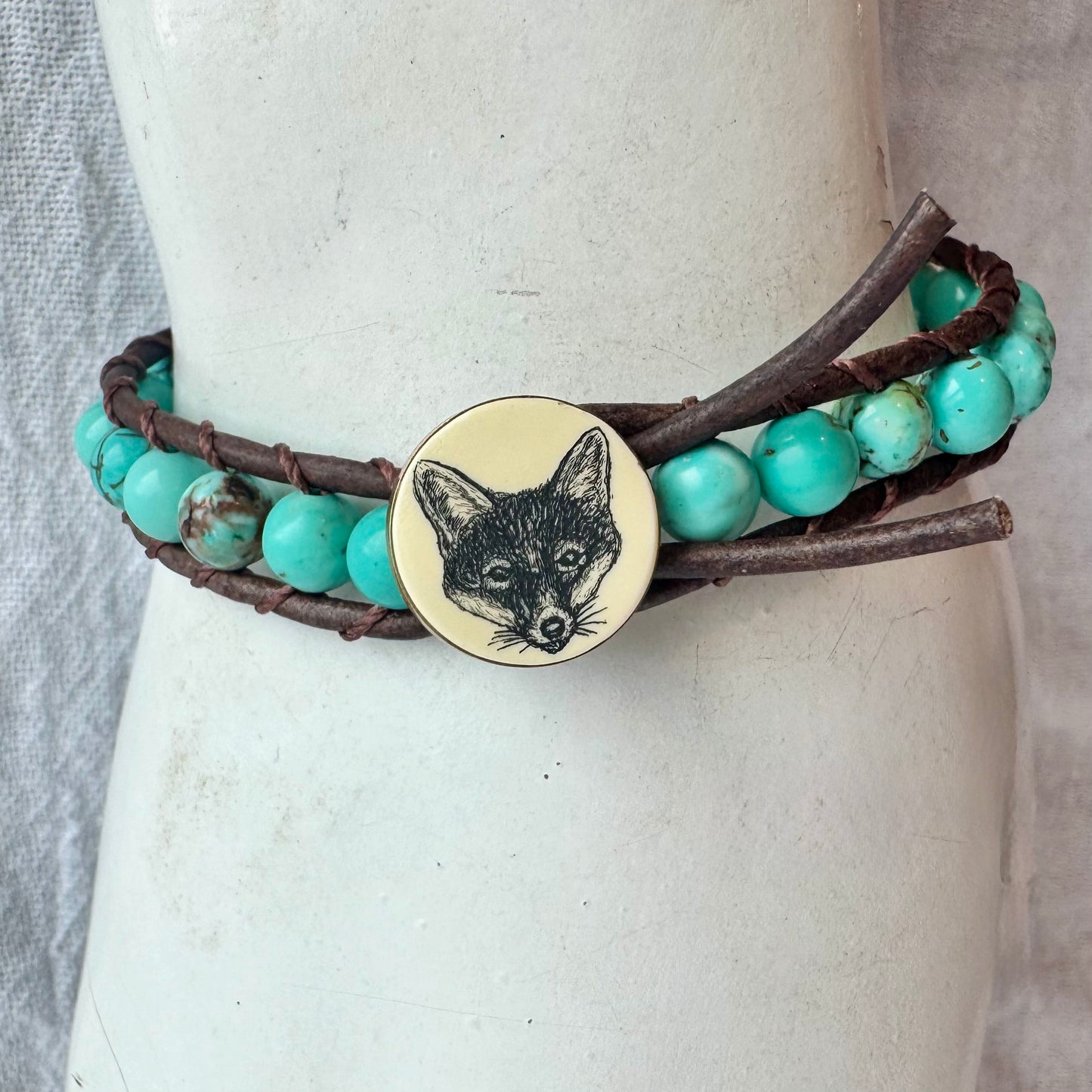 Leather Wrap Bracelet with Turquoise & Vintage Scrimshaw Fox Button
