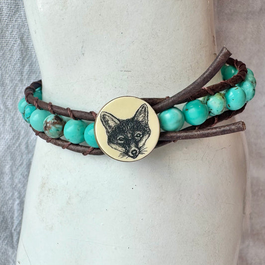 Leather Wrap Bracelet with Turquoise & Vintage Scrimshaw Fox Button