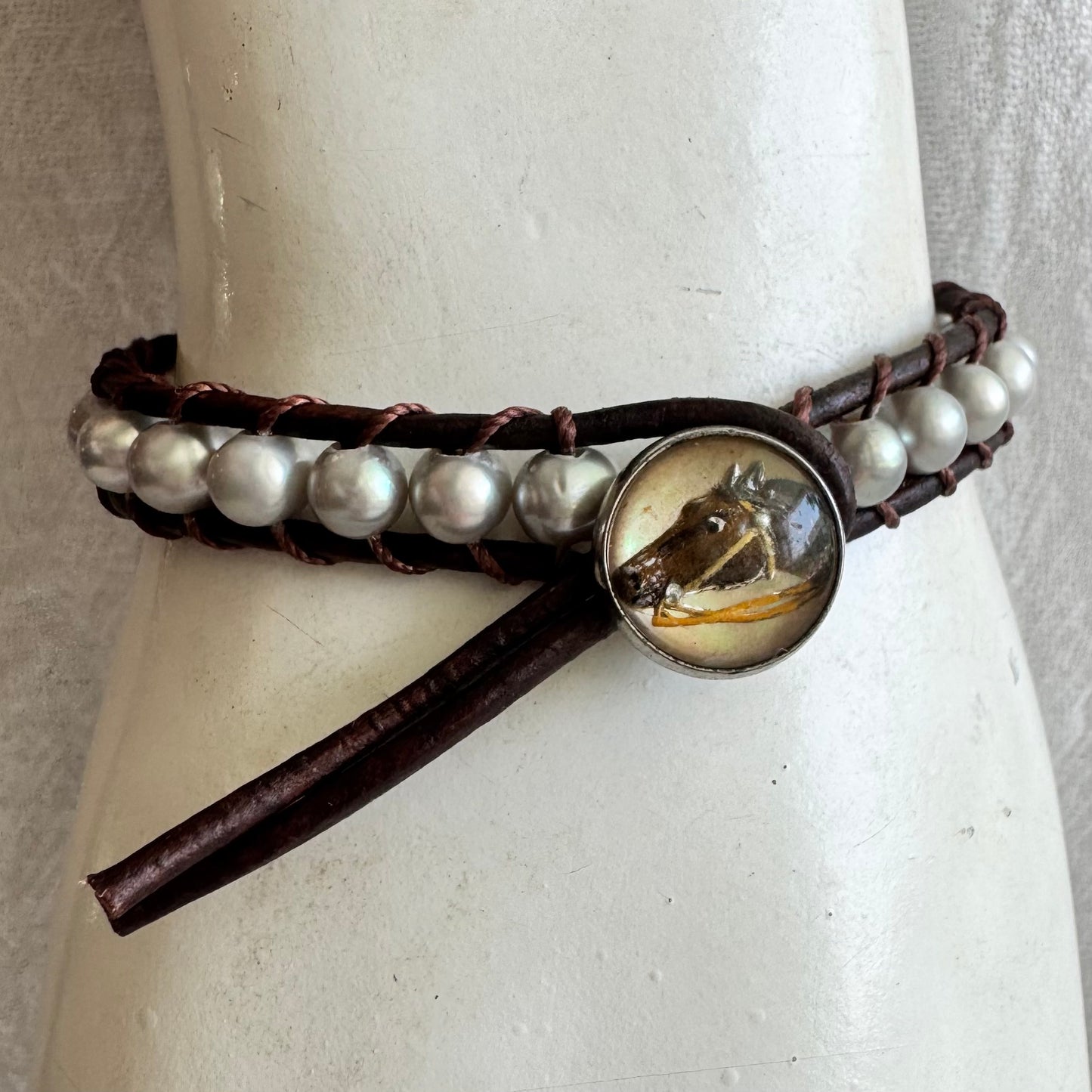 Leather Wrap Bracelet with Grey Fresh Water Pearls & Crystal Horse Head Button
