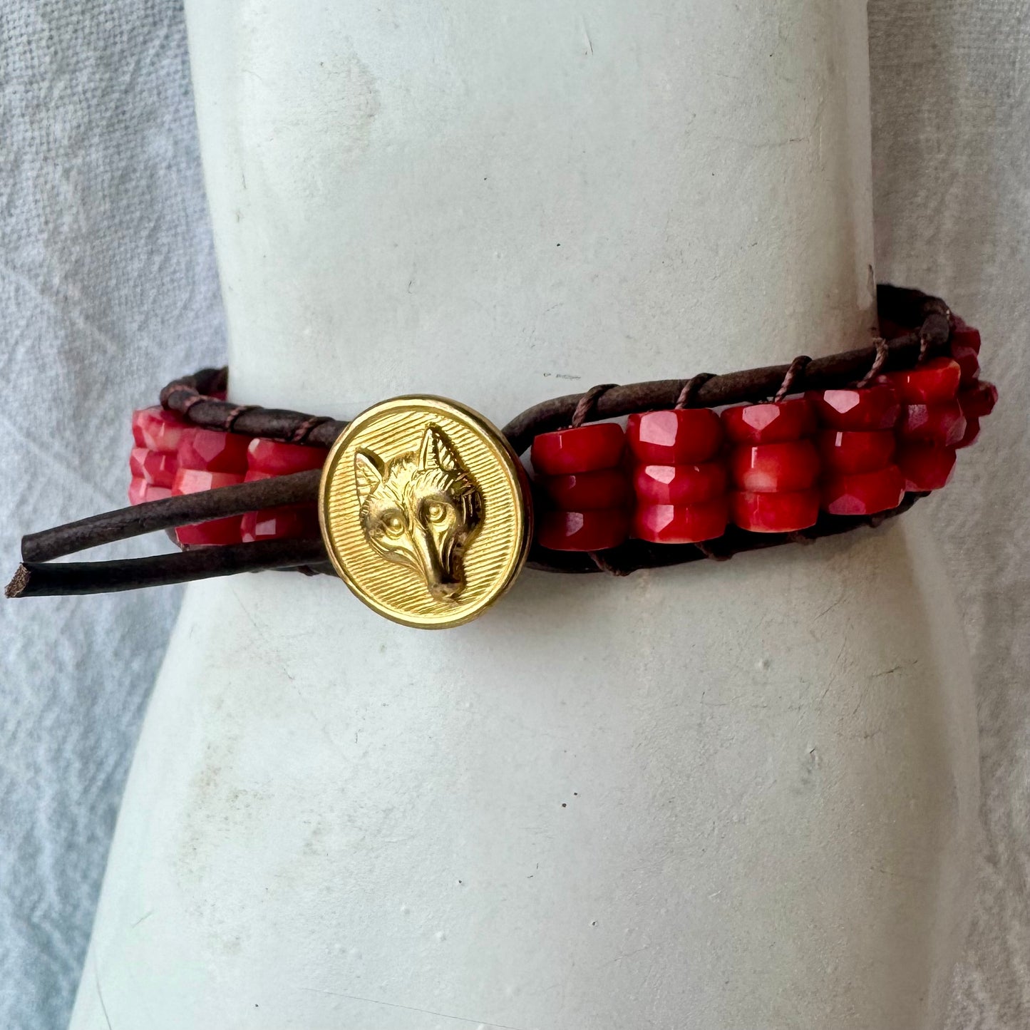 Leather Wrap Bracelet with Red Bamboo Coral & Vintage Brass Fox Head Button