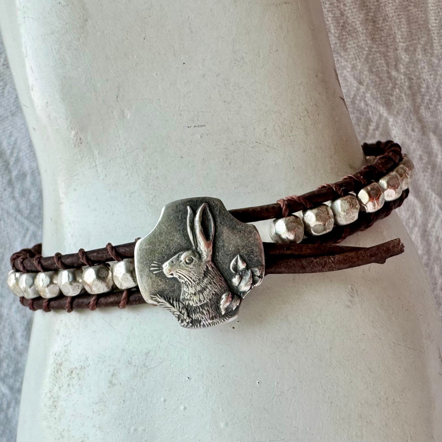 Leather Wrap Bracelet with Faceted Silver Beads & Vintage Silver Rabbit Button