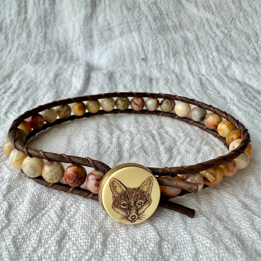Leather Wrap Bracelet with Crazy Lace Agate & Vintage Scrimshaw Fox Button