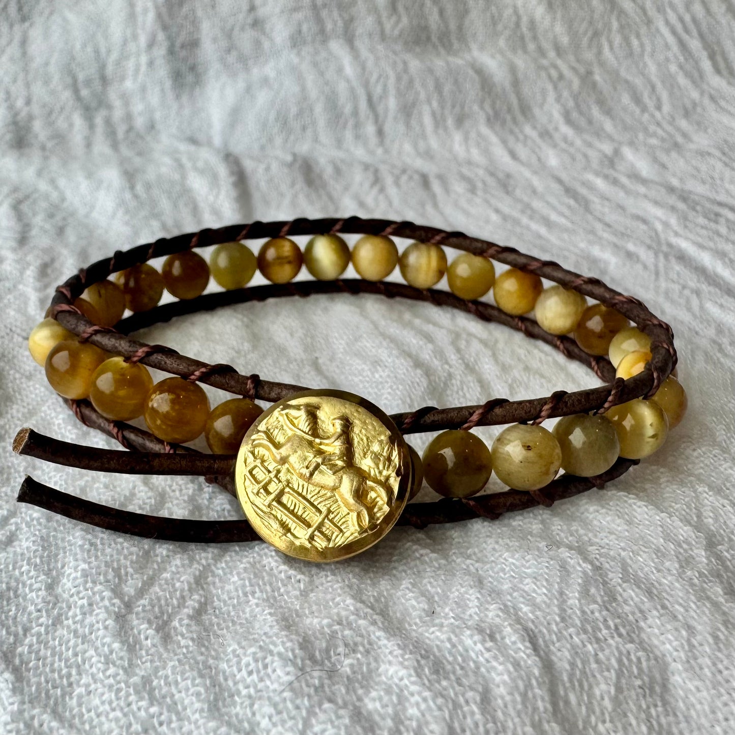 Leather Wrap Bracelet with Golden Tigers Eye & Vintage Brass Jumping Horse Button