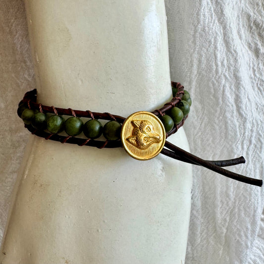 Leather Wrap Bracelet with Natural Jade & Brass Fox Button