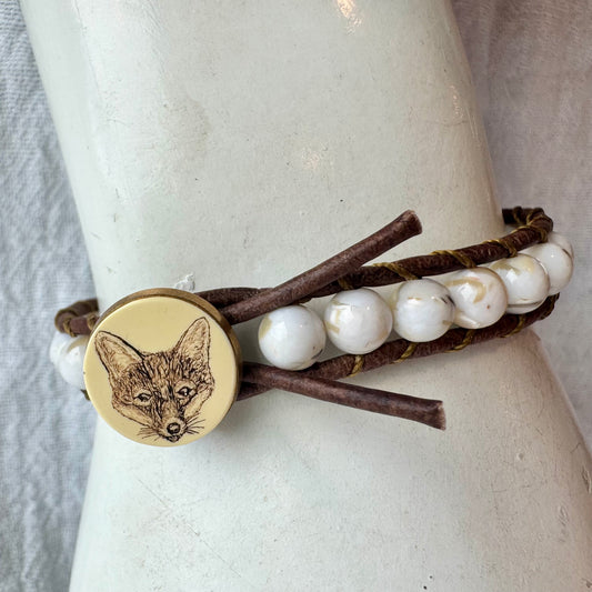 Leather Wrap Bracelet with White Shell Turquoise & Vintage Scrimshaw Fox Button
