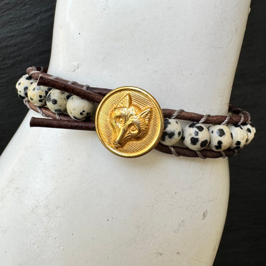 Leather Wrap Bracelet with Brass Fox Mask Button