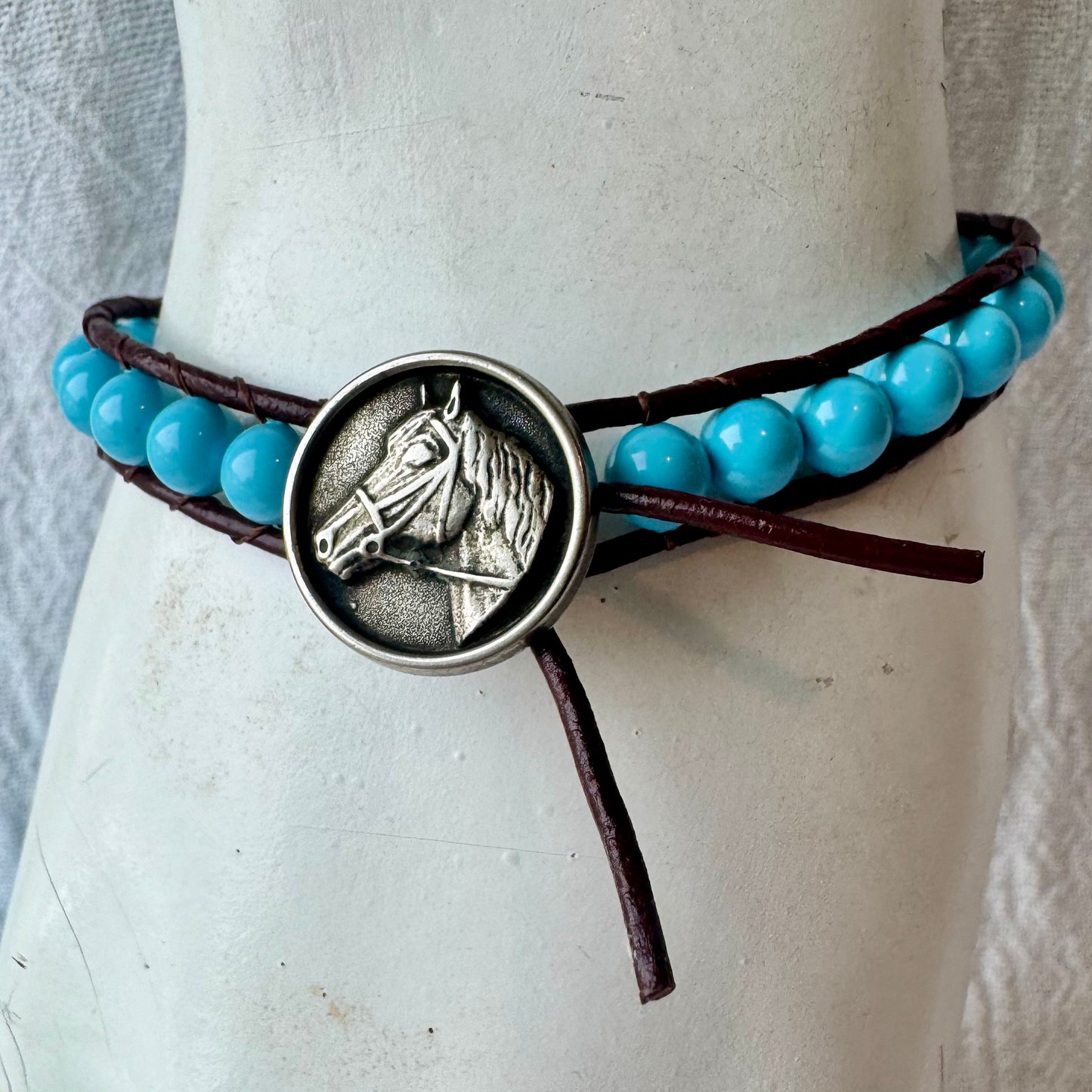 Leather Wrap Bracelet with Blue Swarovski Pearls & Vintage Silver Horse Head Button