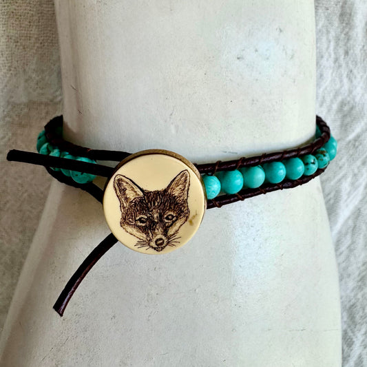 Leather Wrap Bracelet with Amazonite & Scrimshaw Fox Maxk Button