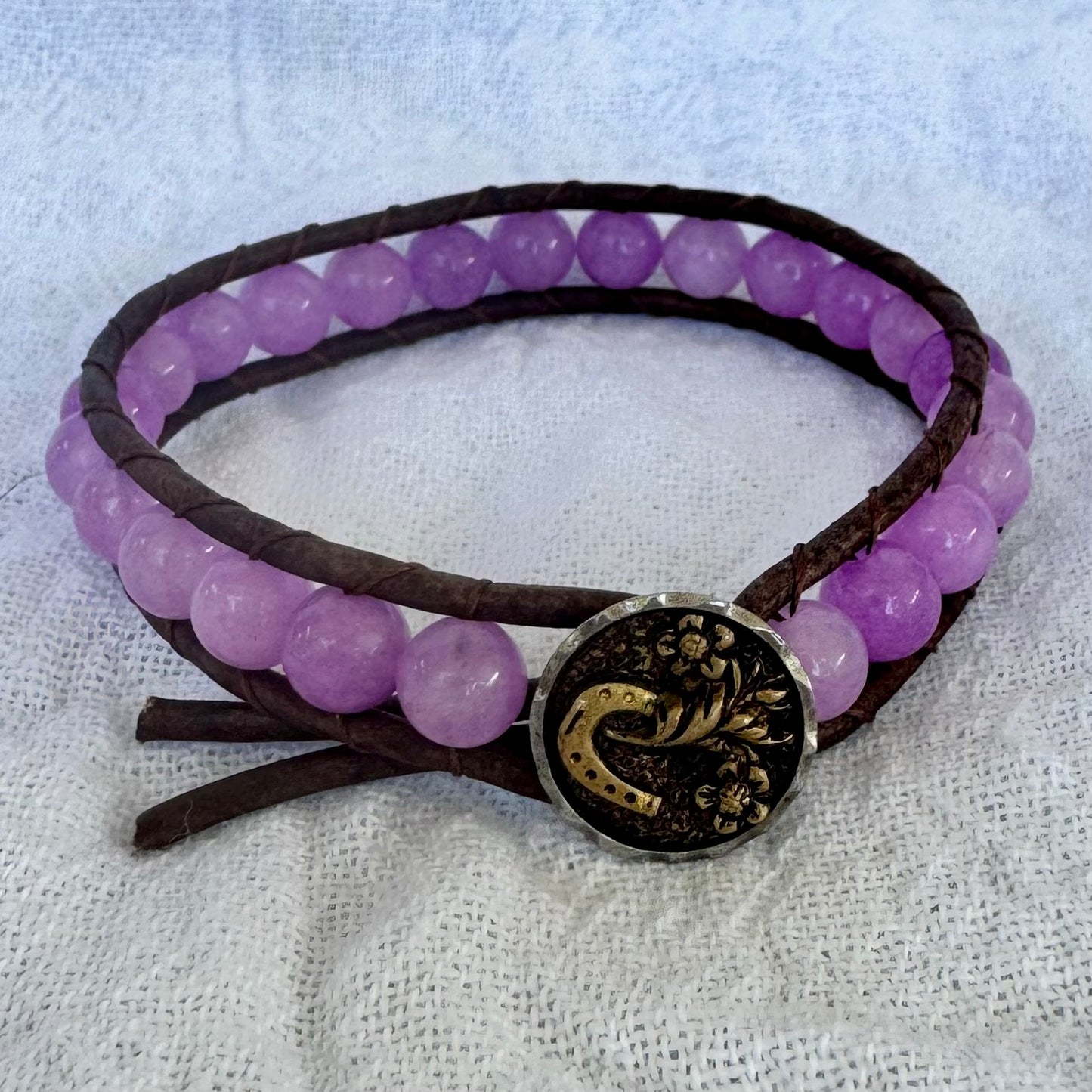 Leather Wrap Bracelet with Purple Jade & Vintage Brass Horseshoe Button