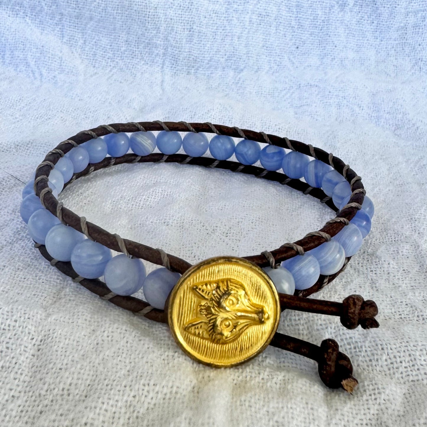 Leather Wrap Bracelet with Blue Lace Agate & Vintage Brass Fox Button