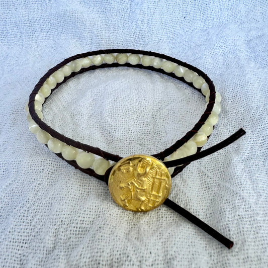 Leather Wrap Bracelet with Mother of Pearl & Vintage Brass Jumping Horse Button