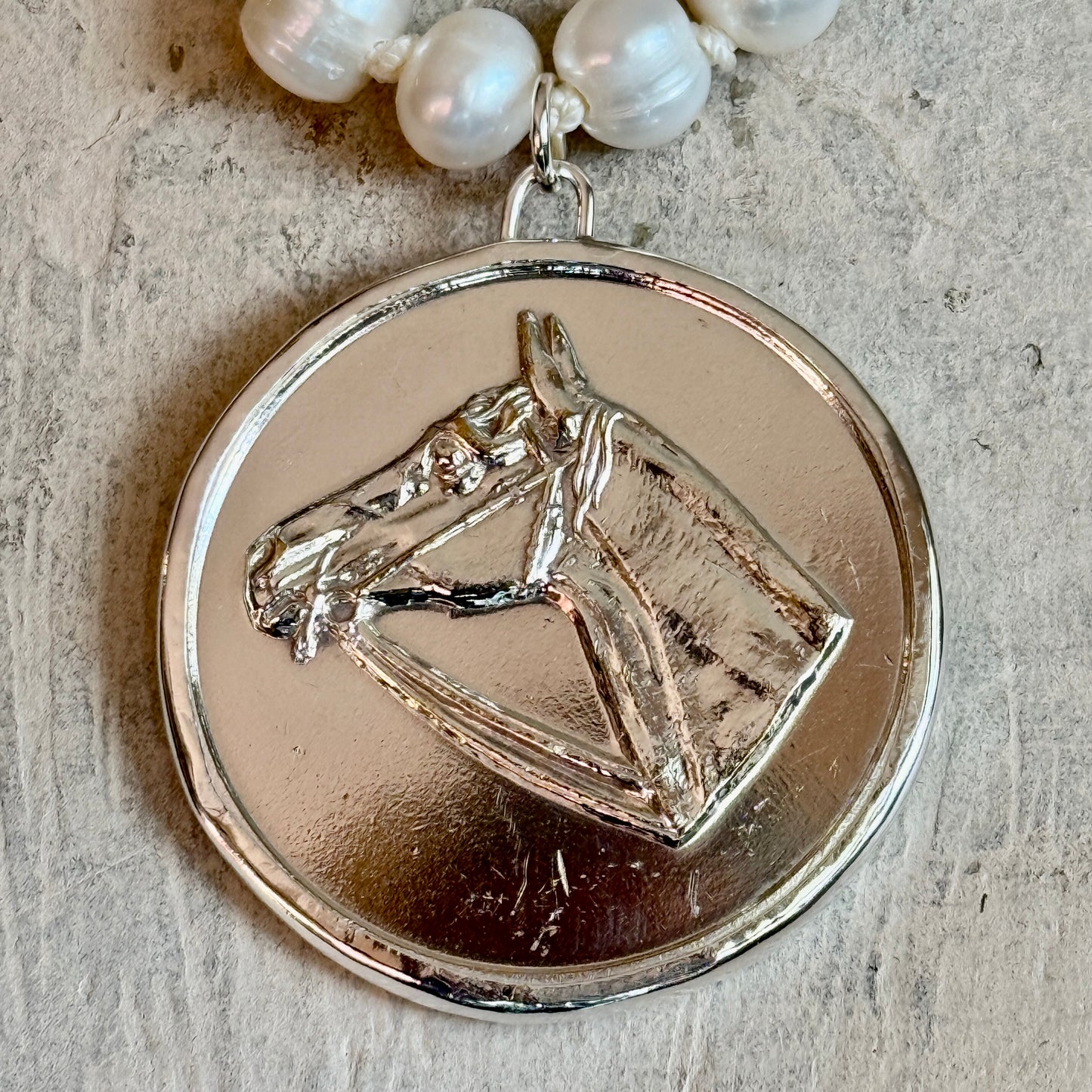 Silver Plated Horse Head Medal on White Pearl Necklace
