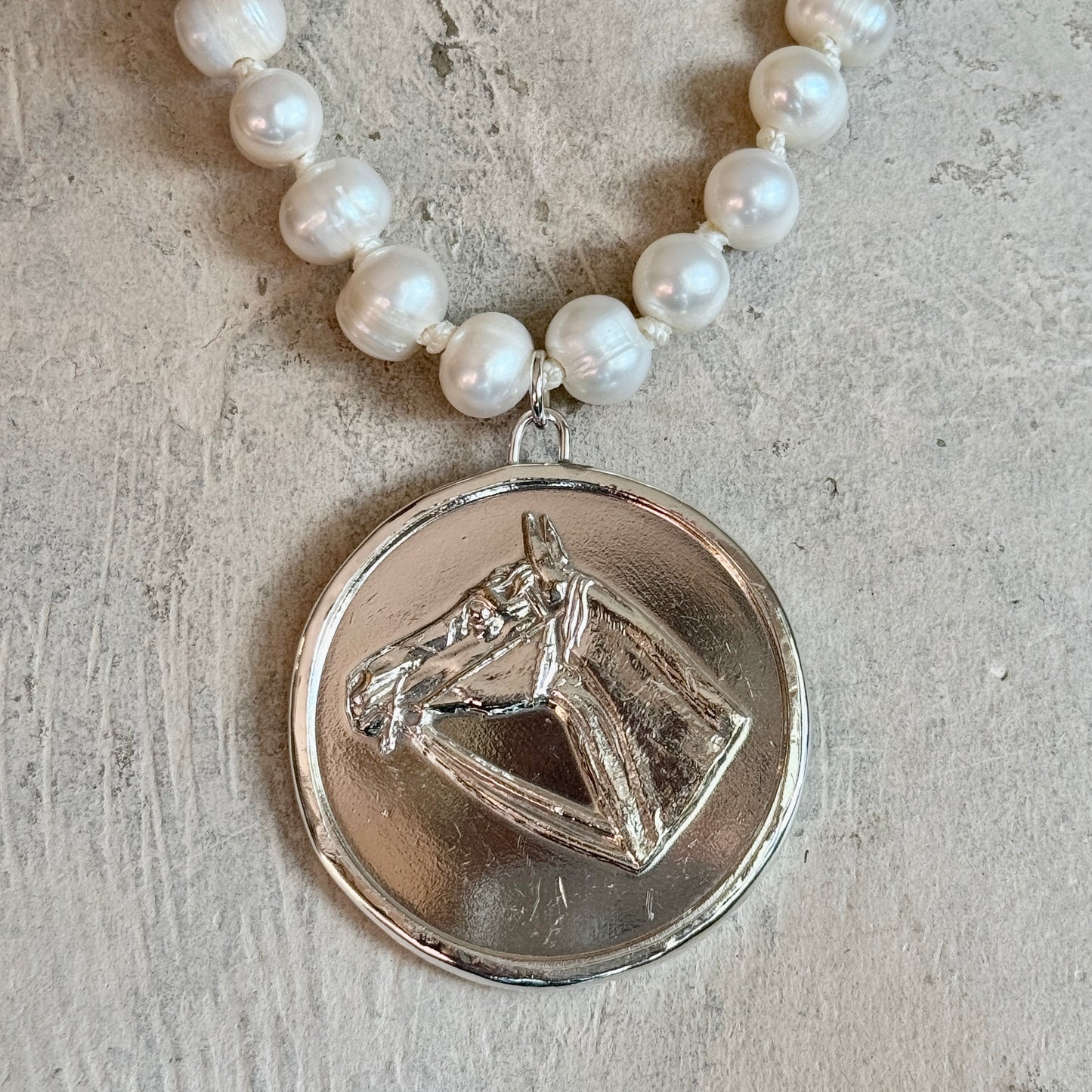 Silver Plated Horse Head Medal on White Pearl Necklace