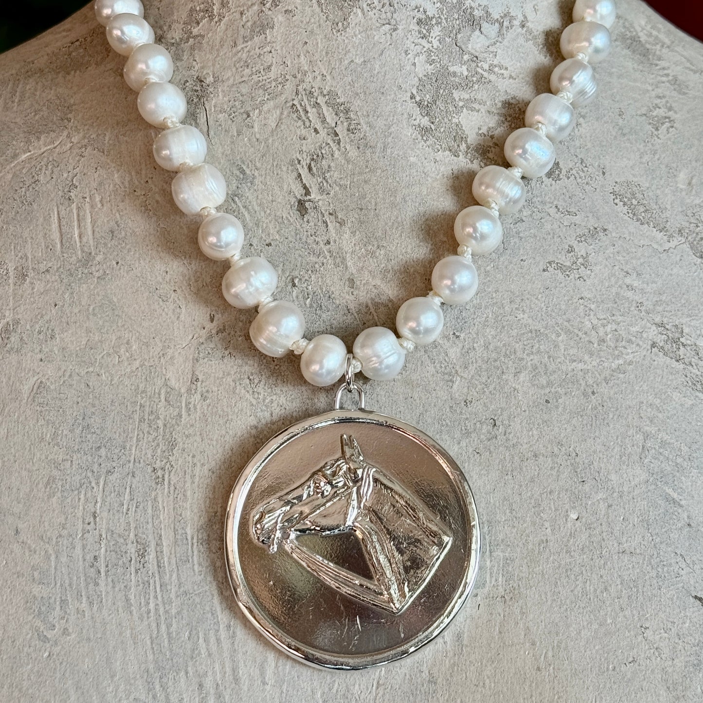 Silver Plated Horse Head Medal on White Pearl Necklace