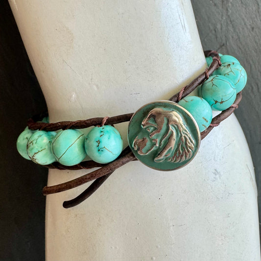 Leather Wrap Bracelet with Turquoise & Silver Dog Button