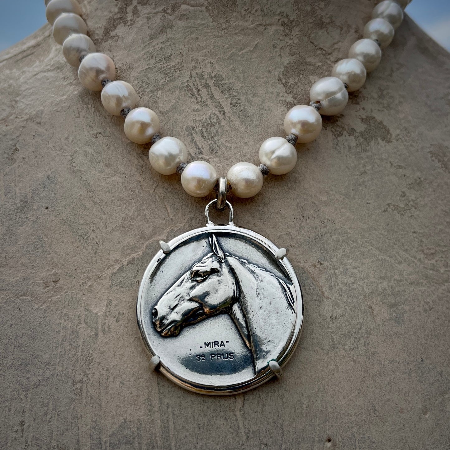 Warmblood Horse Head Medal on White Pearl Necklace