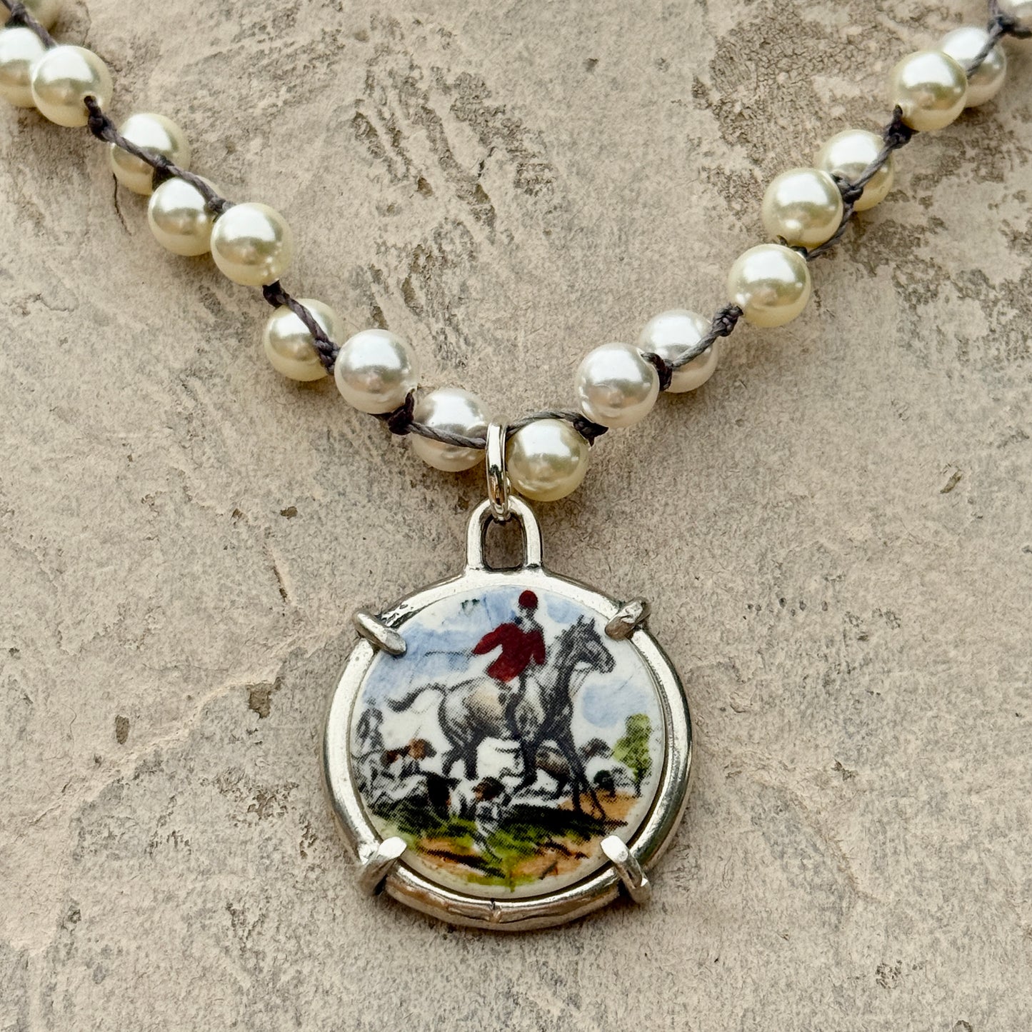 Vintage Porcelain Foxhunting Button on Crystal Necklace