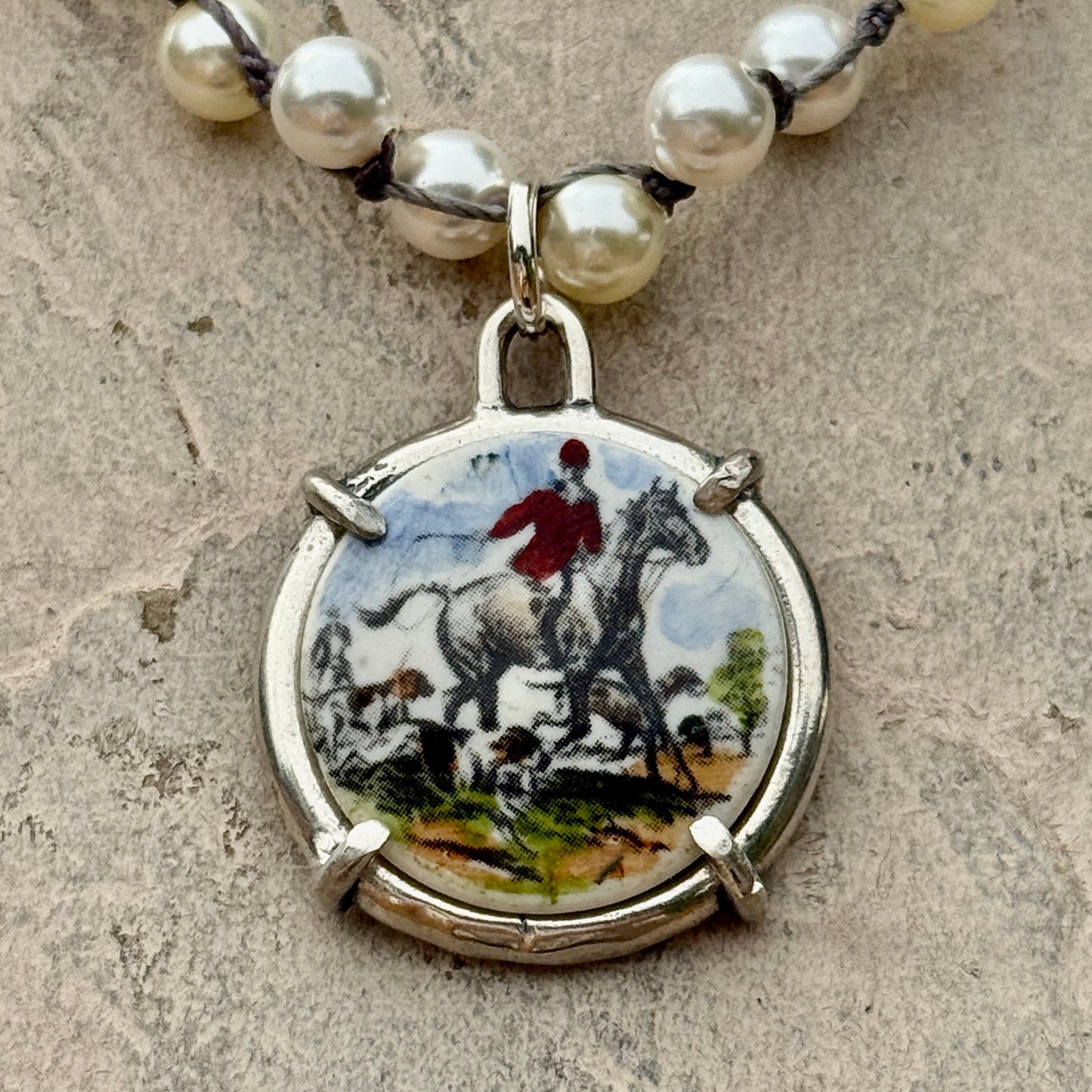 Vintage Porcelain Foxhunting Button on Crystal Necklace