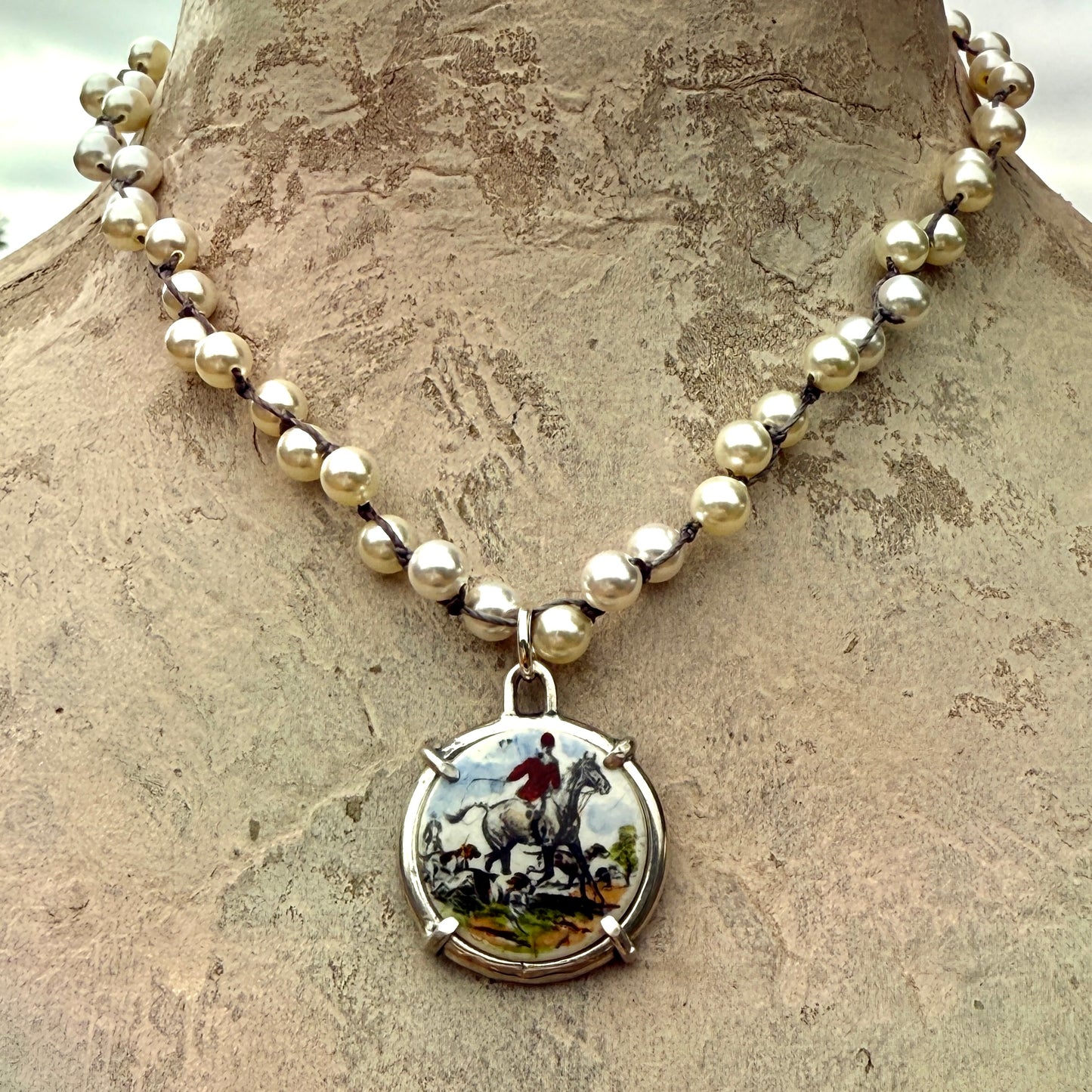 Vintage Porcelain Foxhunting Button on Crystal Necklace