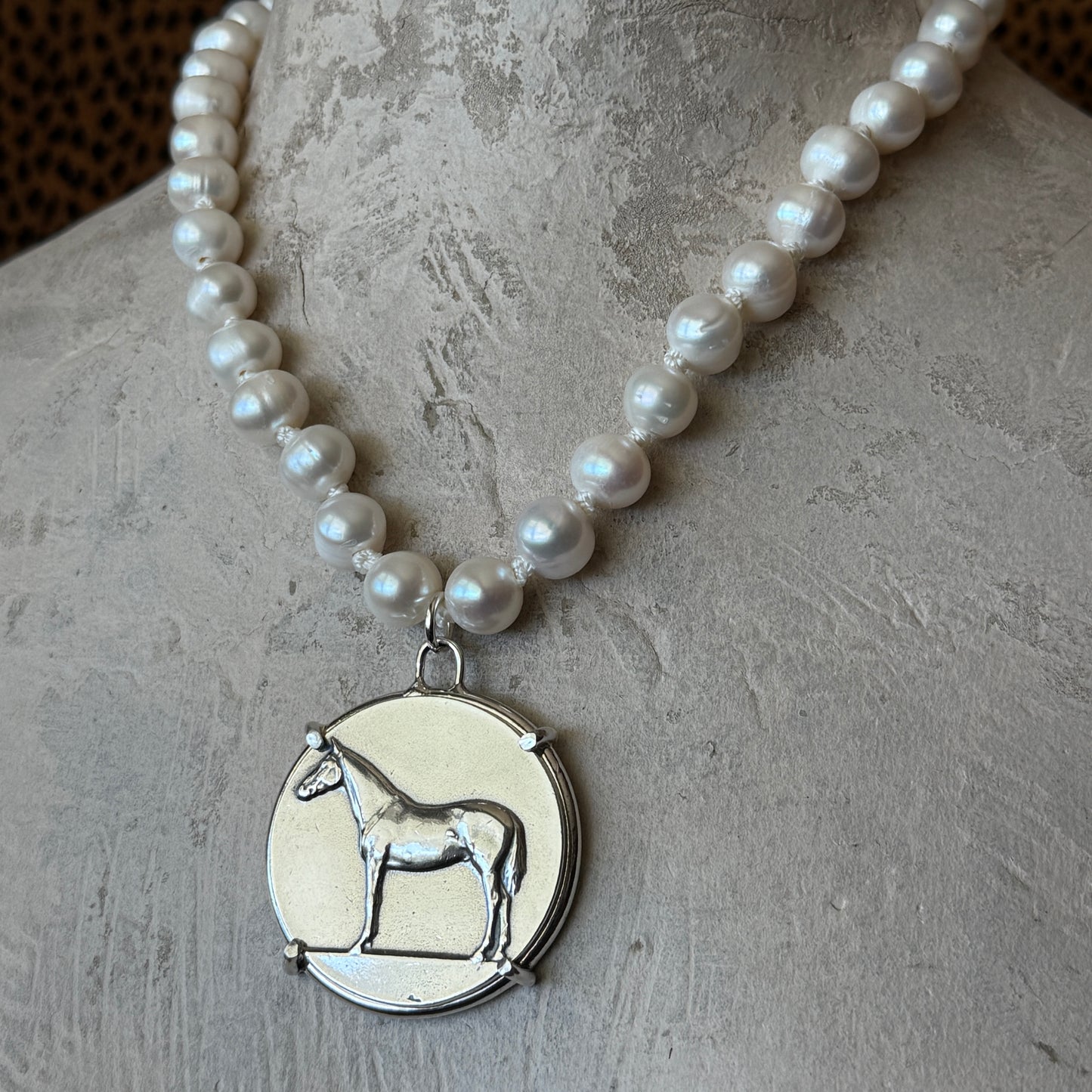 Standing Horse Medal on Pearl Necklace