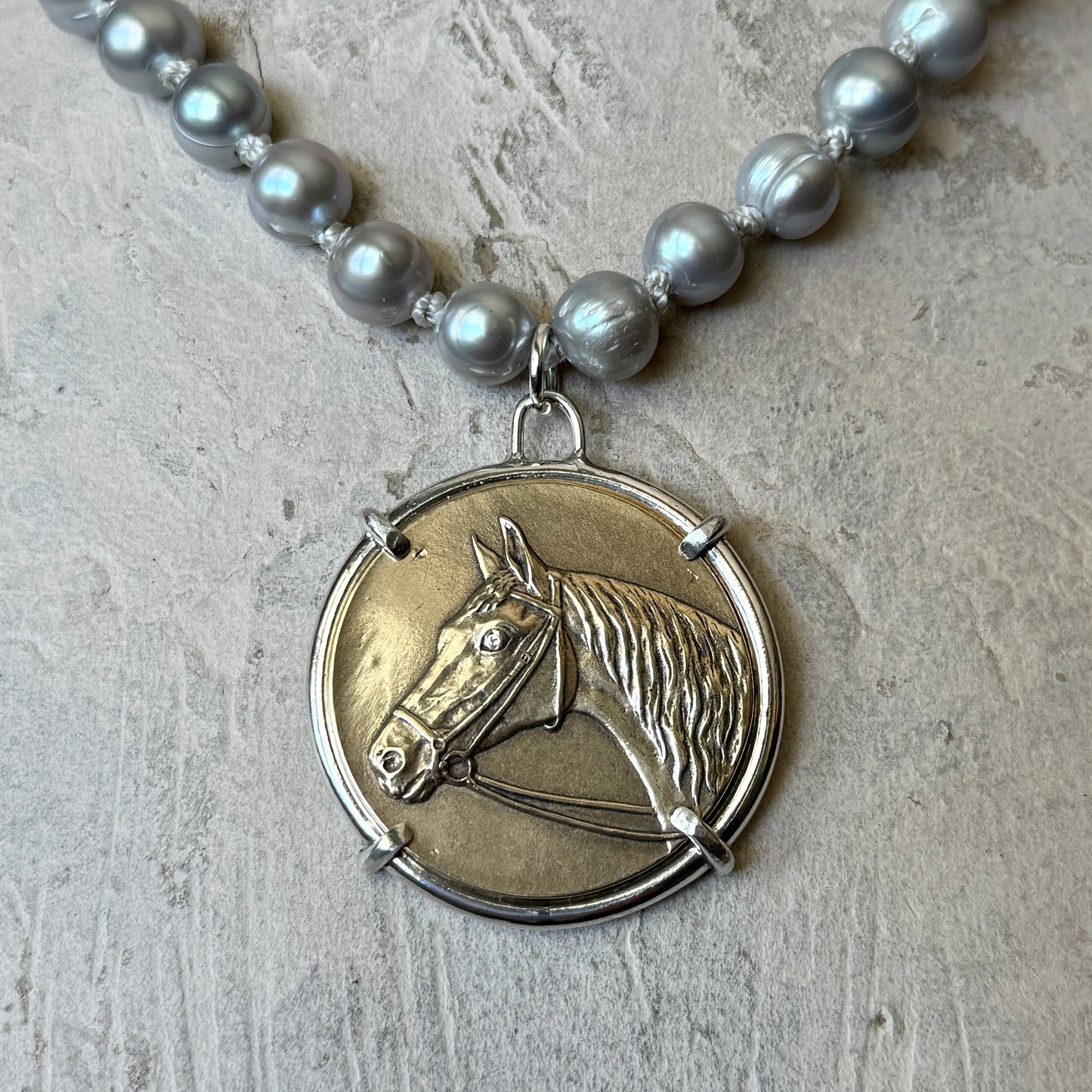 Show Horse Medal on Pearl Necklace