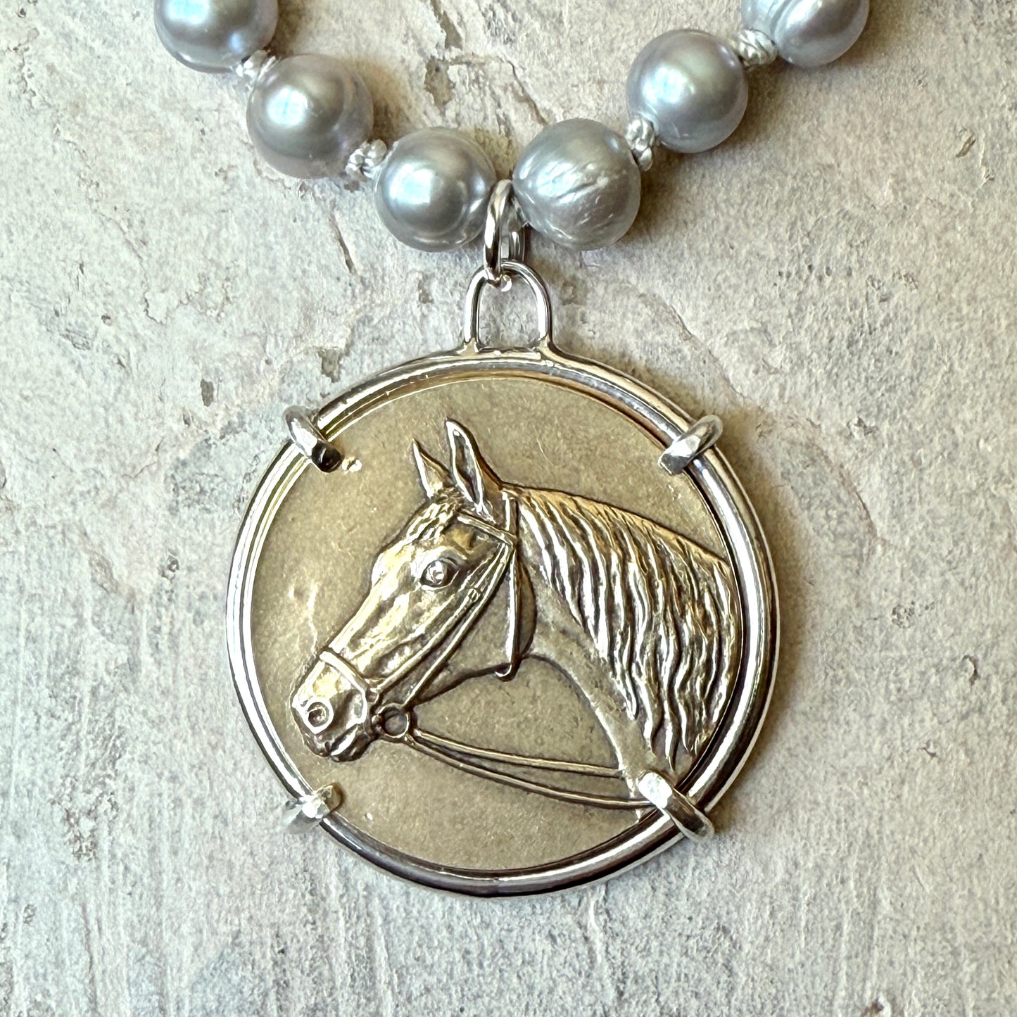 Show Horse Medal on Pearl Necklace