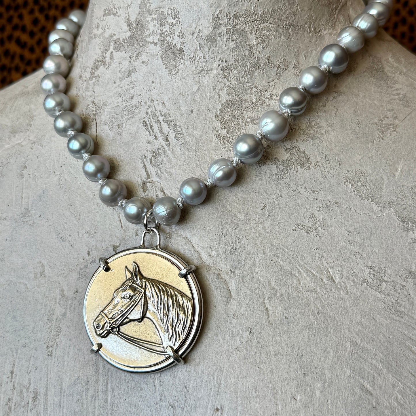 Show Horse Medal on Pearl Necklace